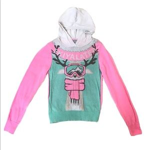 Juniors Holiday Sweater Reindeer Skiing Hooded Pullover Sweater